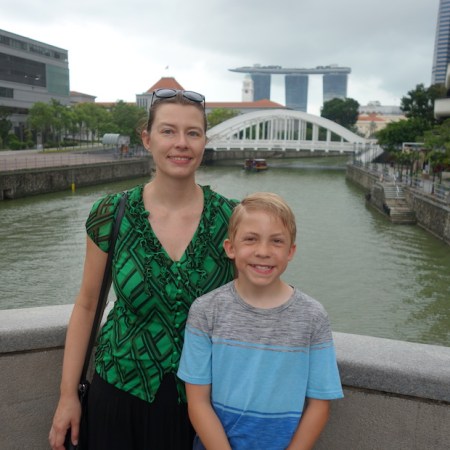 Mom and son exploring Singapore.