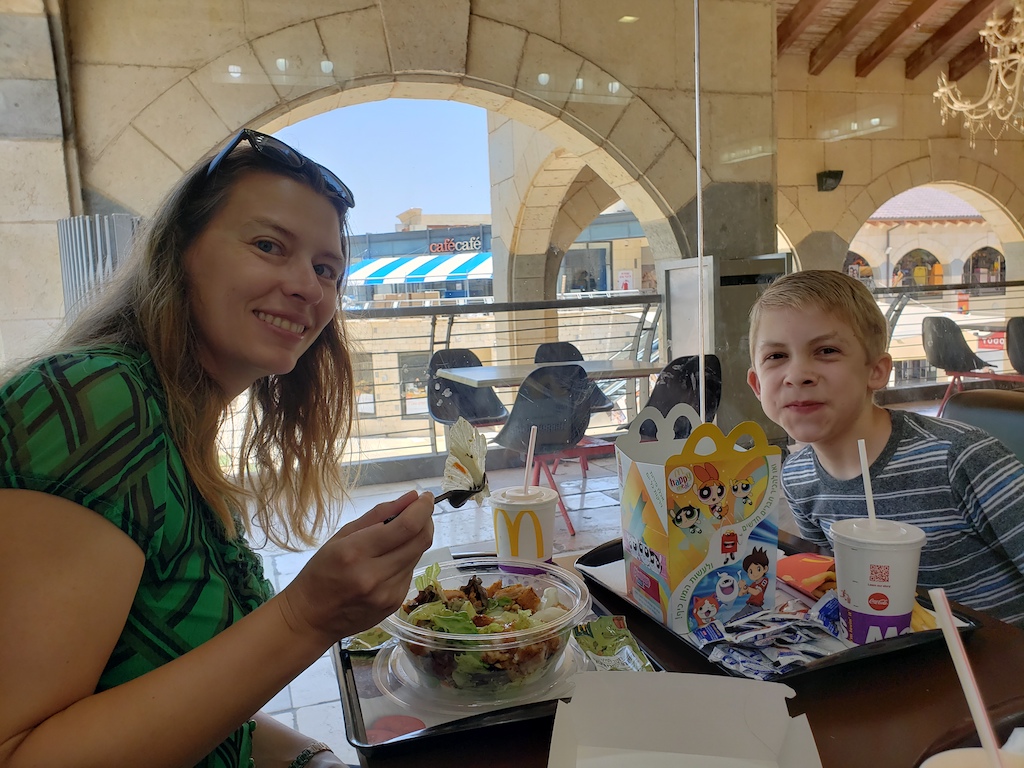 Eating at a kosher McDonald's in Israel.
