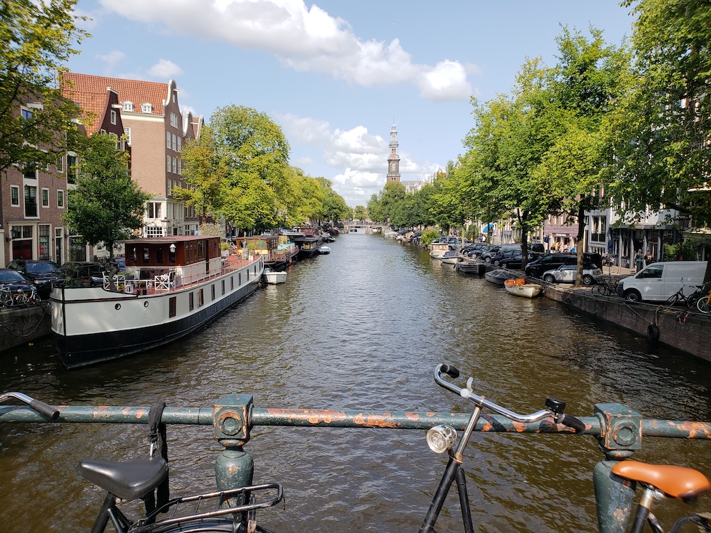 View of canal in Amsterdam, Netherlands.