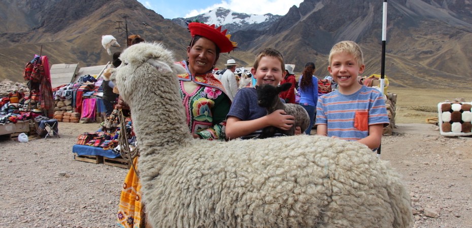 Children with an alpaca and its baby while taking a tourist bus tour from Cusco to Puno/Lake Titicaca.