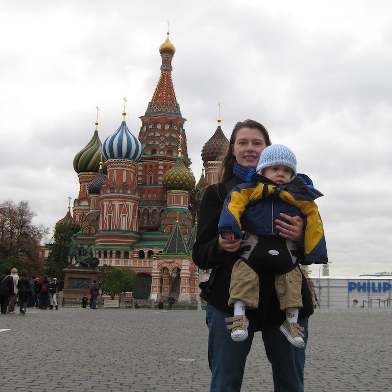 Mom and son at Saint Basil's Cathedral in Moscow, Russia.