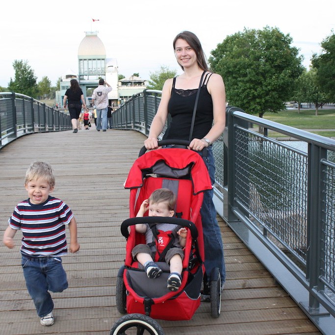 Having fun crossing a bridge.