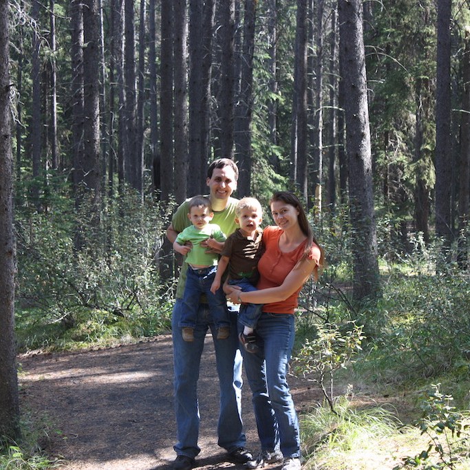 Family hiking in Banff National Park in Alberta, Canada.