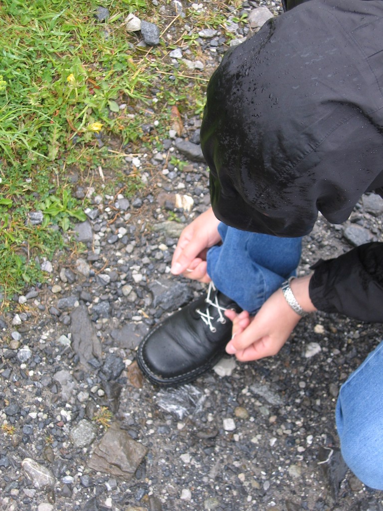 Using a clothing line as a makeshift shoelace while hiking in the Jungfrau Region of Switzerland.