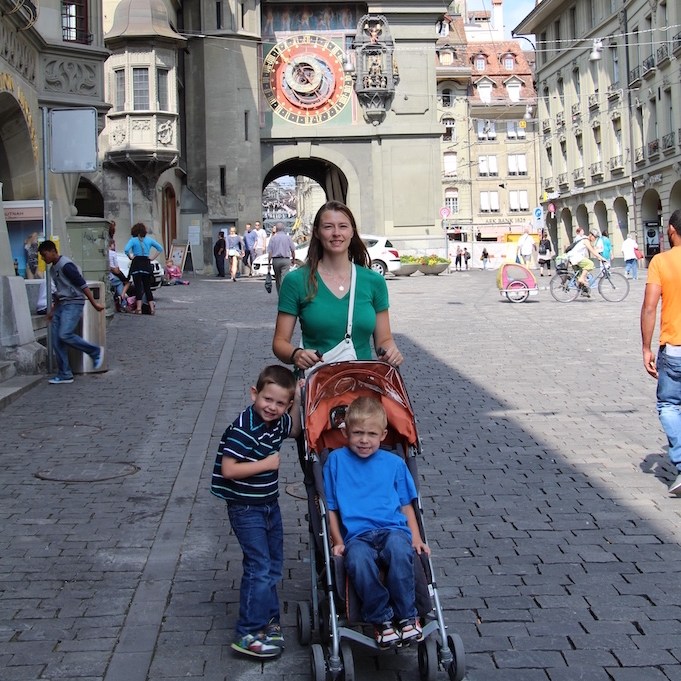 Wandering through town with a stroller.