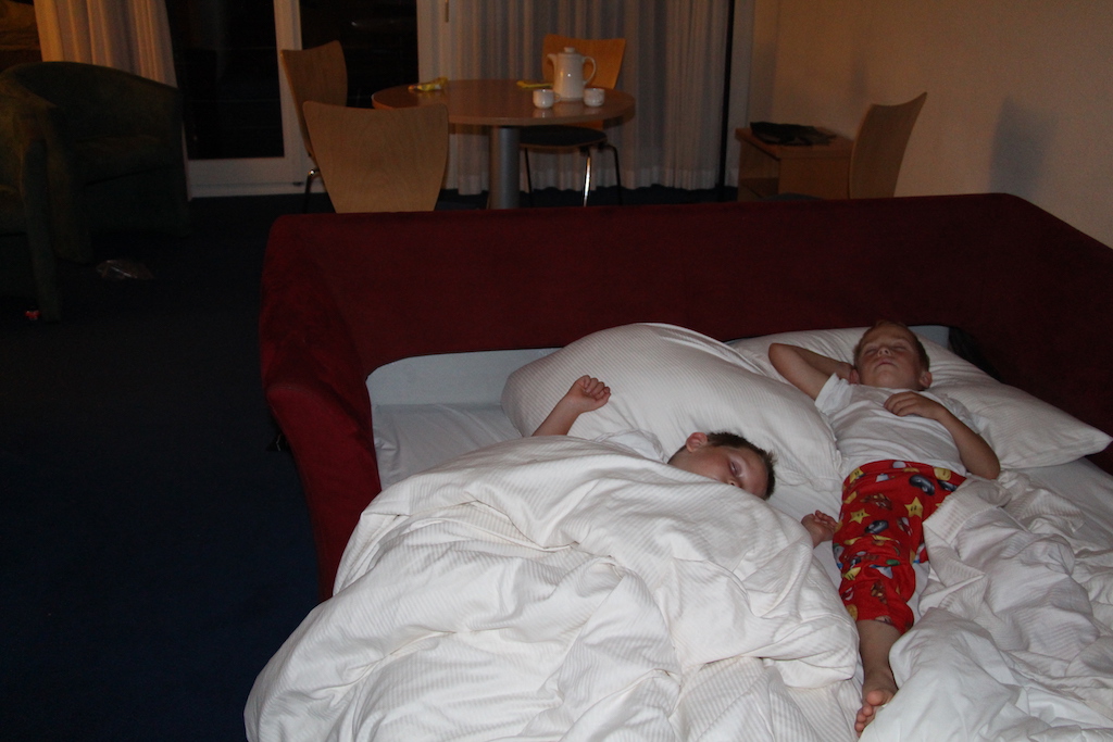 Boys sleeping in a hotel room.