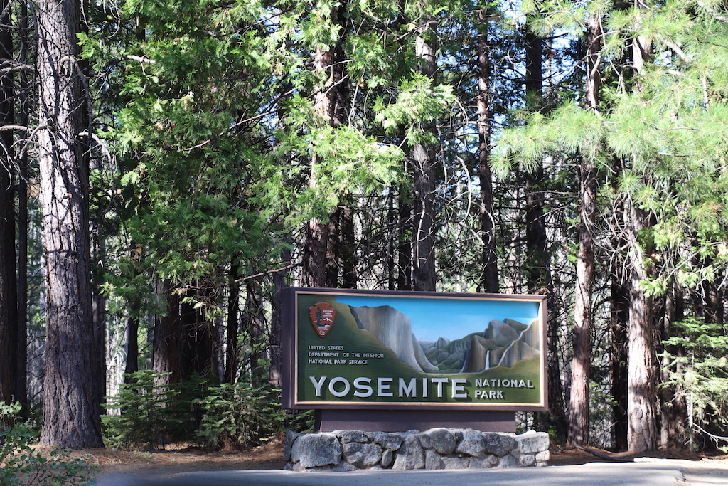 Entrance sign for Yosemite National Park in California.