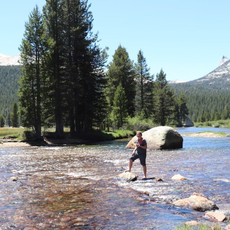 Crossing a stream in Yosemite National Park in California.