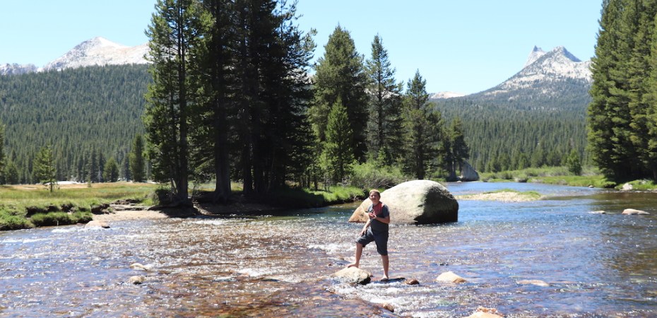 Crossing a stream in Yosemite National Park in California.