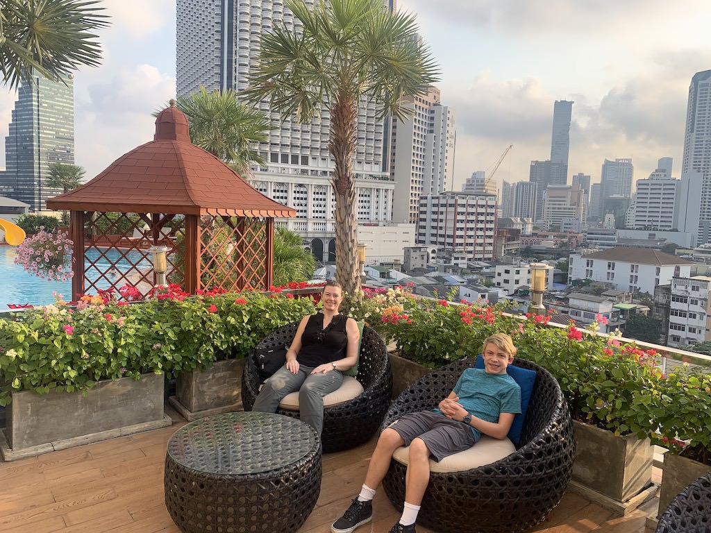 Enjoying the hotel rooftop in Bangkok, Thailand.