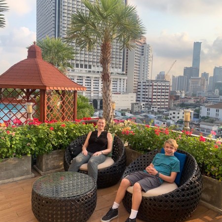 Enjoying the hotel rooftop in Bangkok, Thailand.