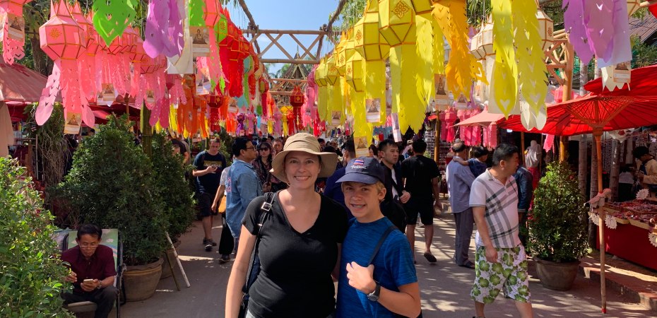 New Year's Eve decorations at Wat Chedi Luang in the Old City of Chiang Mai, Thailand.