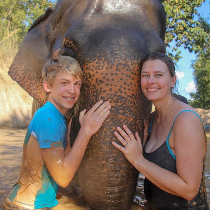 Taking a mud bath with the elephants at Maerim Elephant Sanctuary near Chiang Mai, Thailand.
