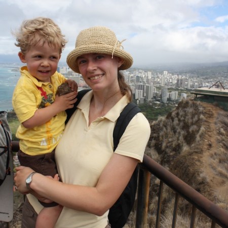 Mom and son hiking Diamond Head Summit Trail on Oahu, Hawaii