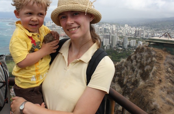 Mom and son hiking Diamond Head Summit Trail on Oahu, Hawaii