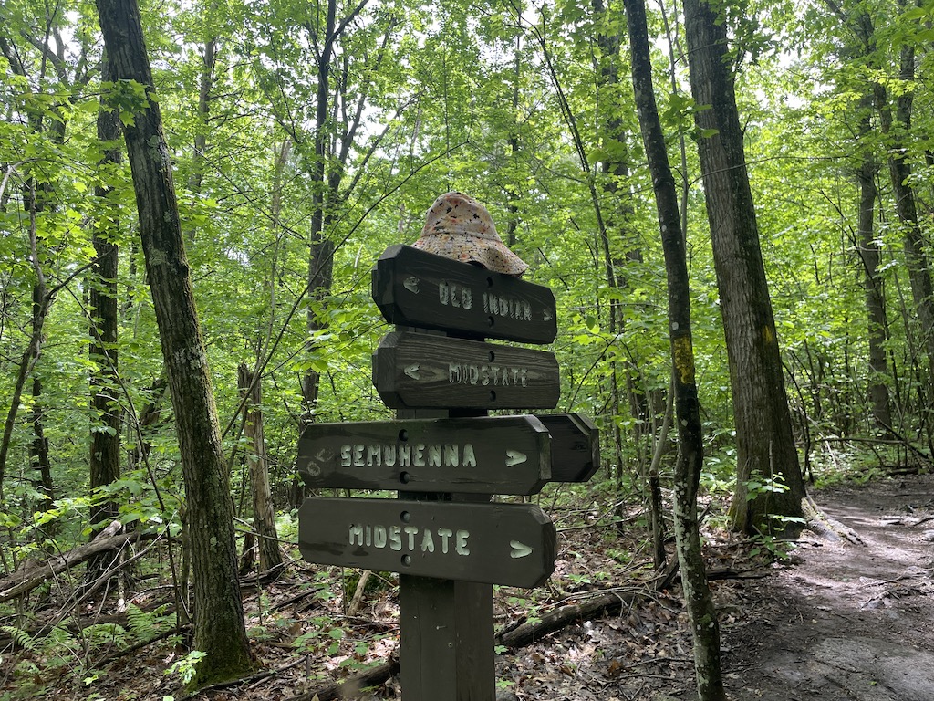 Hiking signpost at Wachusett Mountain in Massachusetts.