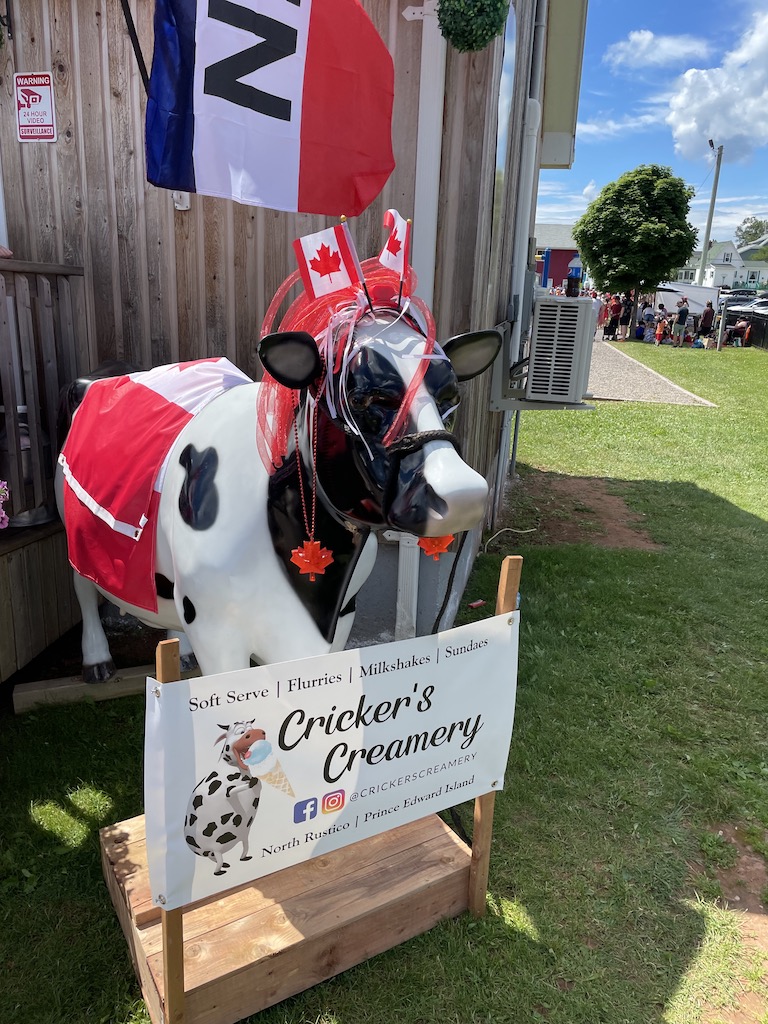 Decorated cow at Canada Day celebration in North Rustico, Prince Edward Island, Canada.