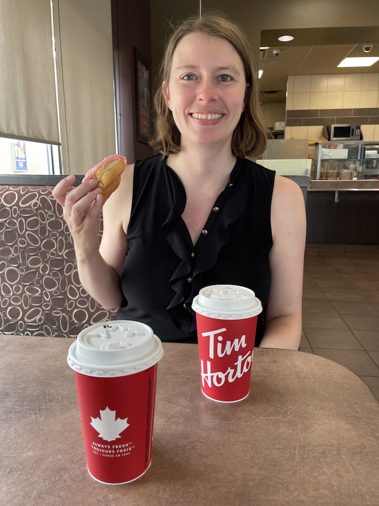 Enjoying Tim Hortons on Canada Day.