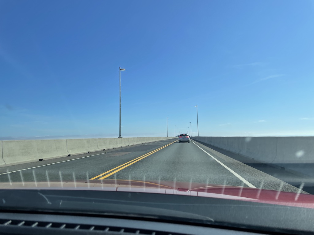 Driving across the Confederation Bridge between New Brunswick and Prince Edward Island in Canada.