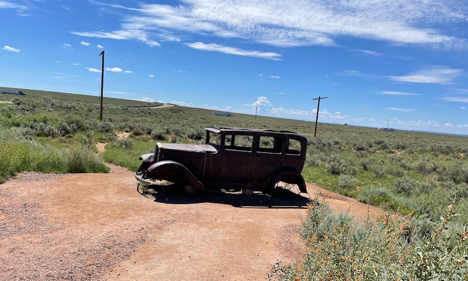 A 1932 Studebaker parked along old Route 66 in the Petrified Forest National Park
