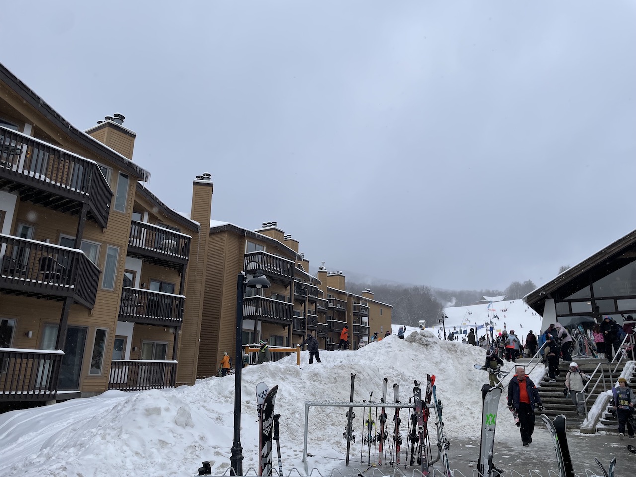 Base area at Okemo Mountain Resort in Vermont, with views of slopeside condos.